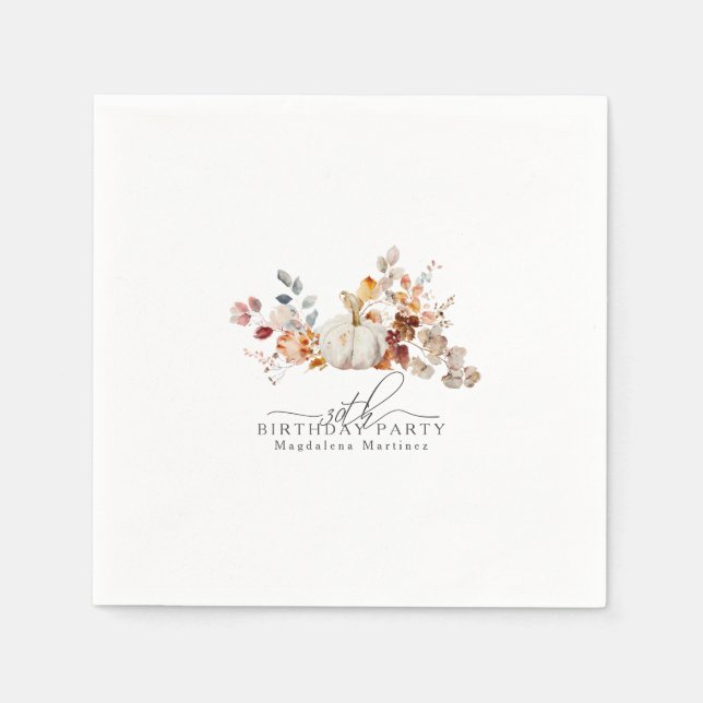 30th Birthday White Pumpkin Fall Flowers Custom Napkin (Front)