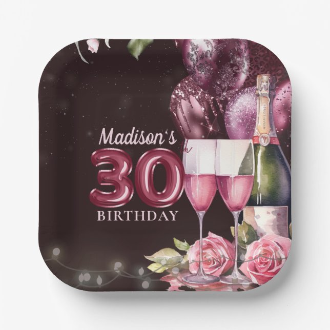 30th Birthday Wine & Balloons Personalized Paper Plate (Front)