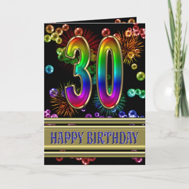 30th Birthday with rainbow bubbles and fireworks Card (Front)