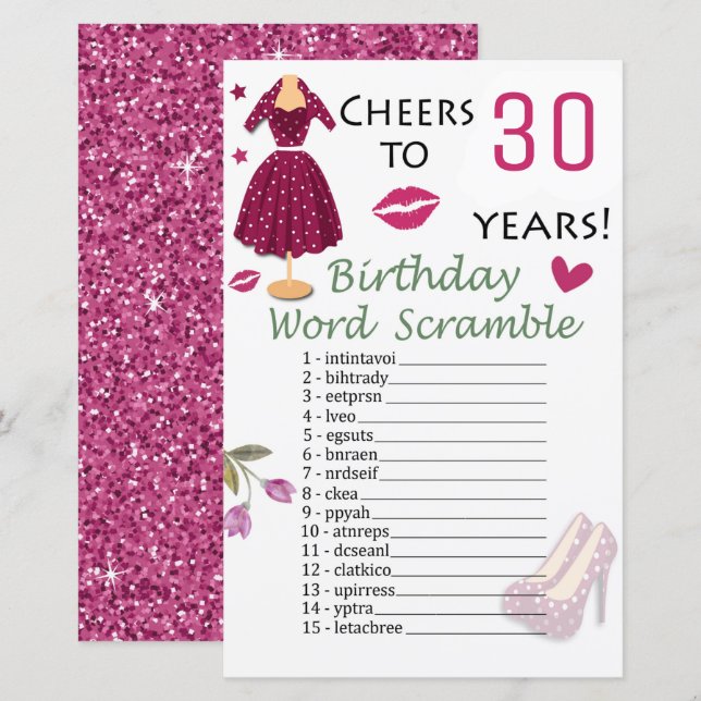 30th Birthday Word Scramble Game (Front/Back)