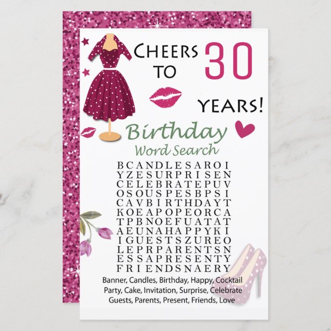 30th Birthday Word Search Game (Front/Back)