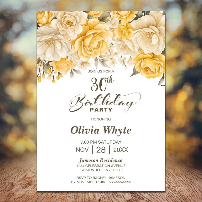 30th Birthday Yellow Rose Floral Party Invitation (Creator Uploaded)