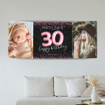 30th Black Pink Happy Birthday Photo Banner<br><div class="desc">Milestone girly birthday party banner featuring a trendy black background,  2 large photos,  pink sparkle glitter,  30 pink hellium balloons,  and a custom celebration template that is easy to personalize.</div>