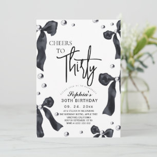 30th Black White Bow Birthday Party Invitation