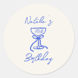 30th Blue Hand Drawn Bow Champagne Glass Birthday Classic Round Sticker