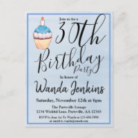 30th Blue Watercolor Cupcake Birthday