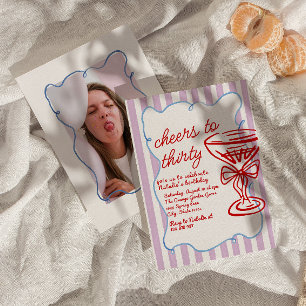 30th Drawn Colourful Champagne Glass Photo Birthda Invitation