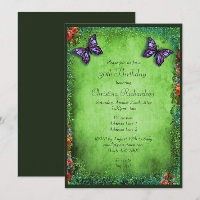 30th Faux Glitter, Butterfly & Roses Birthday Invitation (Front/Back)