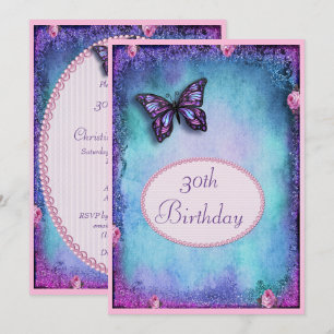 30th Faux Glitter, Butterfly, Roses & Lace Invitation