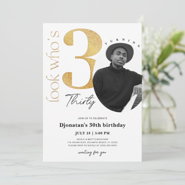 30th Gold Birthday Invitation with Photo (Standing Front)