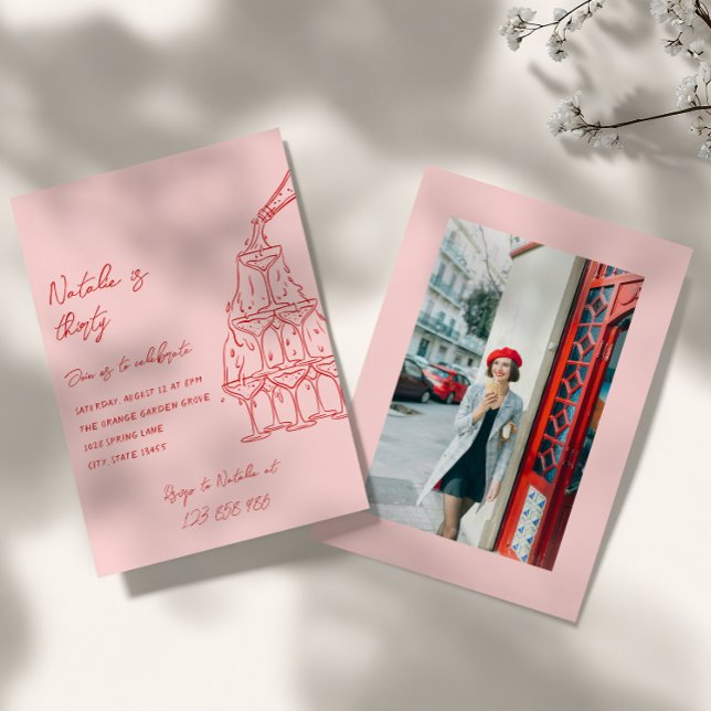 30th Hand Drawn Champagne Tower Photo Birthday Invitation (Creator Uploaded)