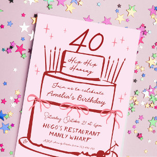 30th Hand Drawn Contemporary Funky Cake Pink Bow Invitation