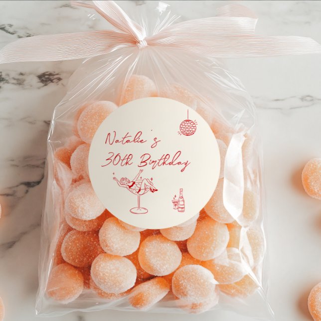 30th Hand Drawn Cream Cocktail Girl Birthday Classic Round Sticker (Creator Uploaded)