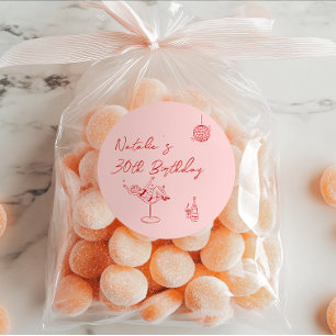 30th Hand Drawn Pink Red Cocktail Girl Birthday Classic Round Sticker