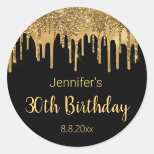 30th happy birthday black gold dripping glitters   classic round sticker