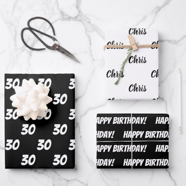 30th Happy Birthday Custom Name Black White Wrapping Paper Sheet (Front)