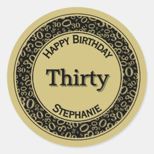 30th Happy Birthday Number Pattern Black/Gold Classic Round Sticker