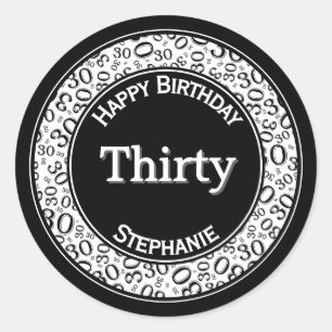 30th Happy Birthday Number Pattern Black/White Classic Round Sticker