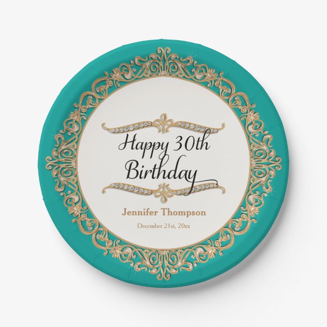 30th Happy Birthday Party Celebration Jewel Look Paper Plate (Front)