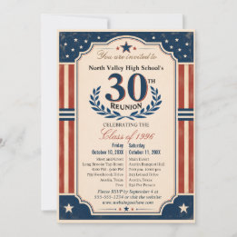 30th High School Class Reunion Americana Red White Invitation