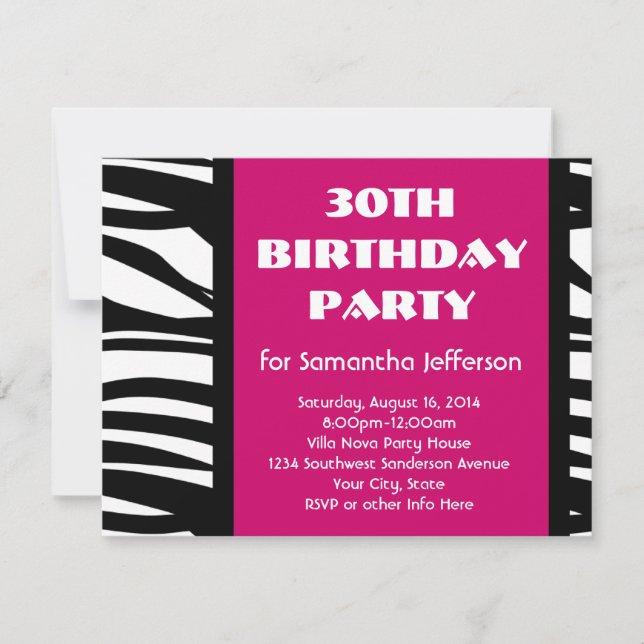 30th Hot Pink Zebra Invitations (Front)