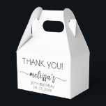 30th or Any Age Birthday White Calligraphy Script Favor Box<br><div class="desc">Girly Minimalist Simple Clean White Monogram Name Signature Script Custom Personalized 30th (or any age) birthday Favour Box. This design featuring your first name in a pretty hand lettered style swash tail font signature typography (or calligraphy), date, "THANK YOU" text, "any age" birthday in black on white background. These stylish...</div>