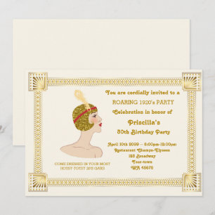 30th or any,Birthday Party woman,Gatsby,gold white Invitation