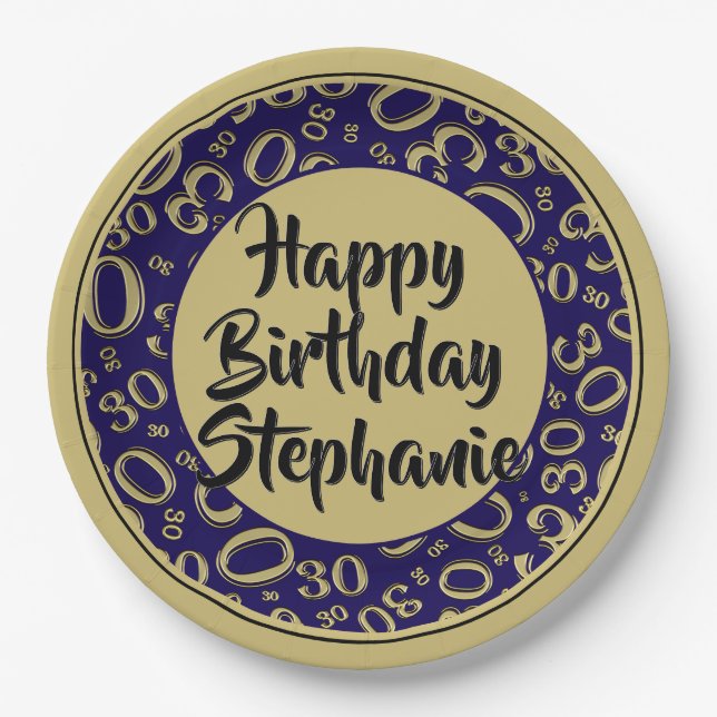 30th Party Random Number Pattern Black/Gold Paper Plate (Front)