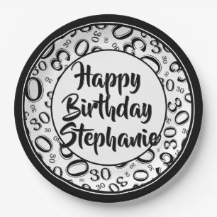 30th Party Random Number Pattern Black/White Paper Plate