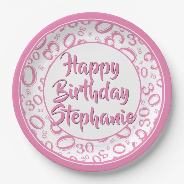 30th Party Random Number Pattern Pink/White Paper Plate (Front)