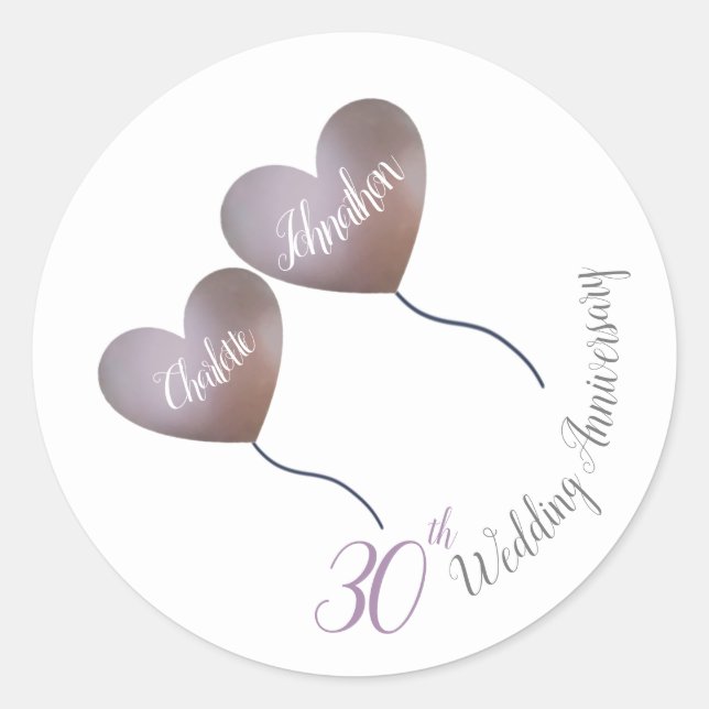 30th pearl purple balloon wedding anniversary classic round sticker (Front)