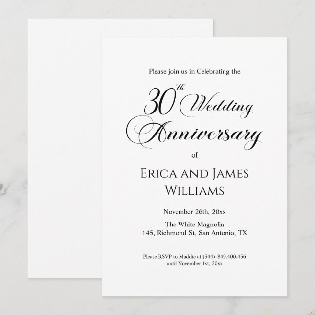 30th Pearl Wedding Anniversary Elegant Script Invitation (Front/Back)