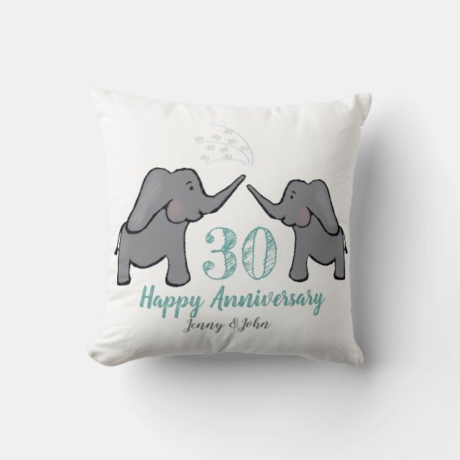 30th pearl wedding anniversary green elephant throw pillow (Front)