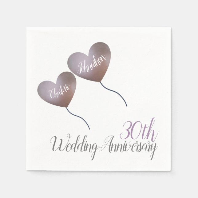 30th pearl wedding anniversary heart balloons napkin (Front)