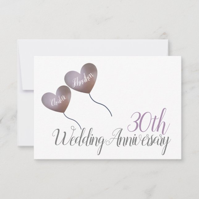 30th pearl wedding anniversary heart balloons RSVP card (Front)