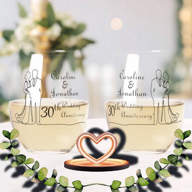 30th Pearl Wedding Anniversary Line Art Couple Stemless Wine Glass (Creator Uploaded)