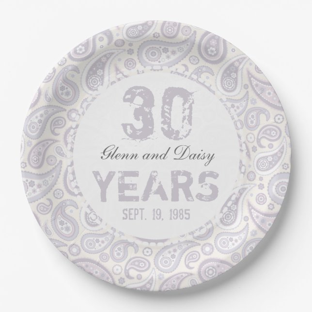 30th Pearl Wedding Anniversary Paisley Pattern Paper Plate (Front)