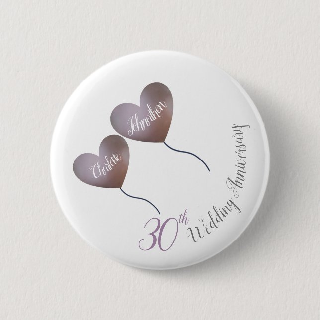 30th Pearl wedding anniversary purple balloons 2 Inch Round Button (Front)
