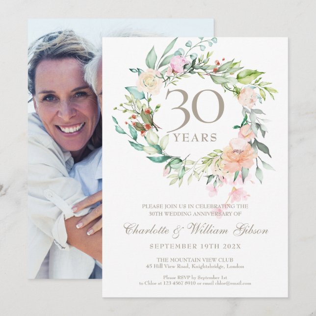 30th Pearl Wedding Anniversary Roses Floral Photo Invitation (Front/Back)