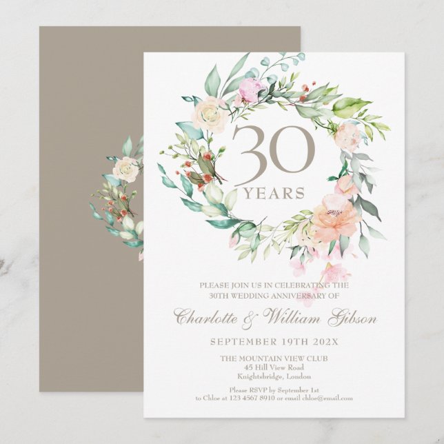 30th Pearl Wedding Anniversary Roses Greenery Invitation (Front/Back)