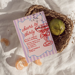 30th Pink Drawn Colourful Champagne Glass Birthday Invitation