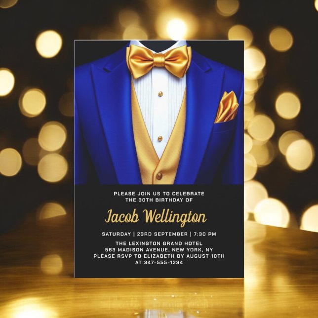 30th Royal Blue and Gold Tuxedo Birthday Event Invitation (Creator Uploaded)