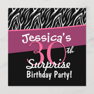 30th Surprise Birthday Black White Pink Zebra X30 Invitation