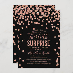 30th Surprise Birthday Rose Gold Black Invitation