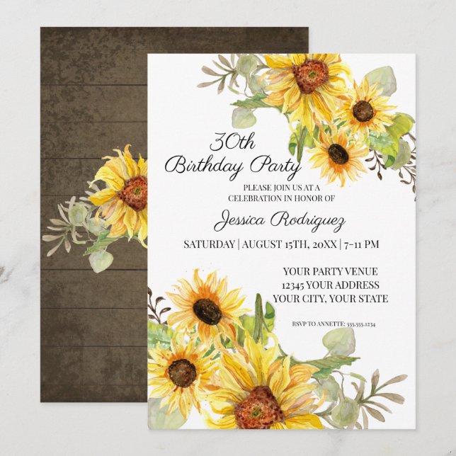 30th Thirtieth Birthday Rustic Sunflower Floral Invitation (Front/Back)