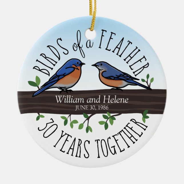 30th Wedding Anniversary, Bluebirds of a Feather Ceramic Ornament (Front)