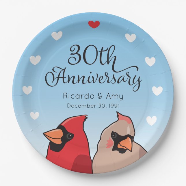 30th Wedding Anniversary, Cardinal Bird Pair Paper Plate (Front)