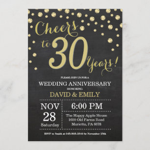 30th Wedding Anniversary Chalkboard Black and Gold Invitation