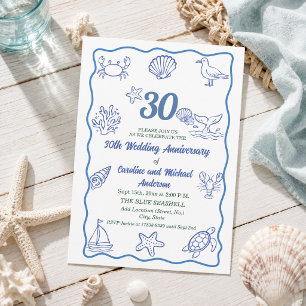 30th Wedding Anniversary Chic Hand Drawn Sea Life  Invitation
