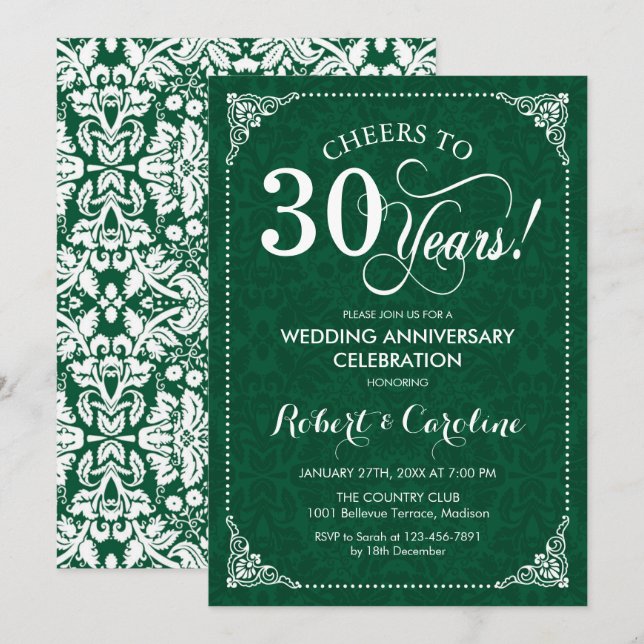 30th Wedding Anniversary Emerald Green Damask Invitation (Front/Back)